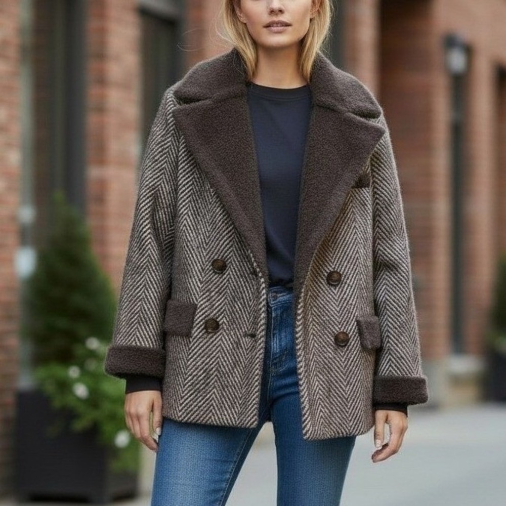 NVLT Anthropologie Herringbone Coat M Brown Black Double Breasted‎ Eyelash Knit